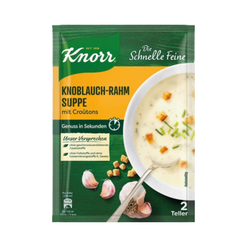 Knorr Die Schnelle Feine Knoblauch-Rahm-Suppe mit Croûtons, 2 Teller, 69g Produktbild, Vorderseite der Verpackung